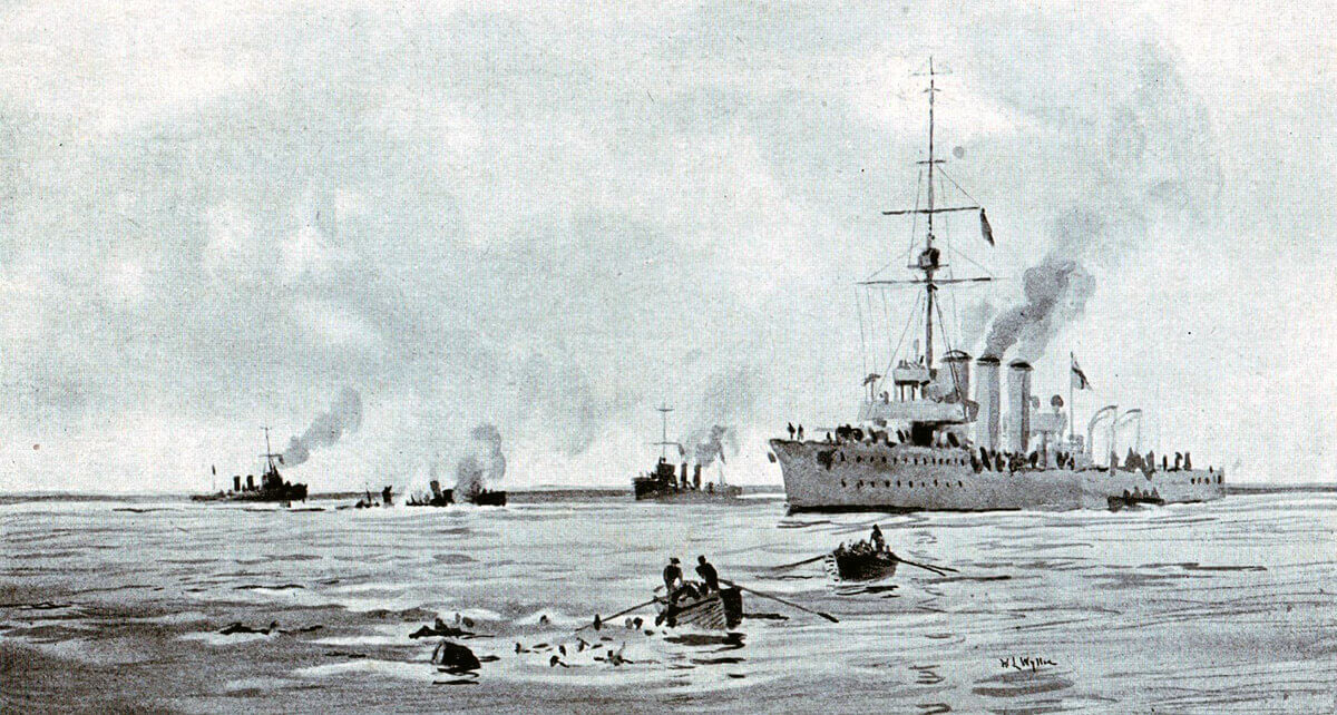 The British ships rescuing survivors among the German crews from the four torpedo boats sunk in the Texel action on 17th October 1914 in the First World War: picture by Lionel Wyllie