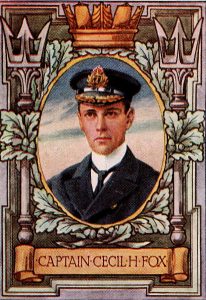 Captain Fox of HMS Undaunted, British commander in the Texel action on 17th October 1914 in the First World War: one of a series of heroic pictures published early in the Great War