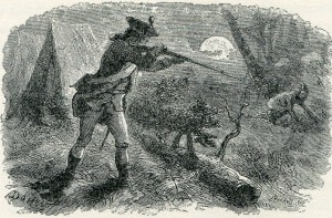 British sentry fires on a marauding Native American during General Braddock's march to the Monongahela in 1755