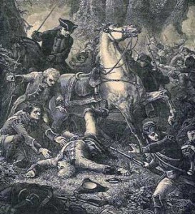 Major General Edward Braddock falls from his horse is mortally wounded