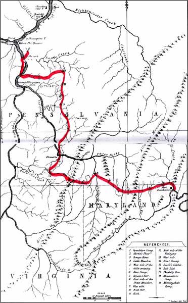 Contemporary map showing General Braddock's route