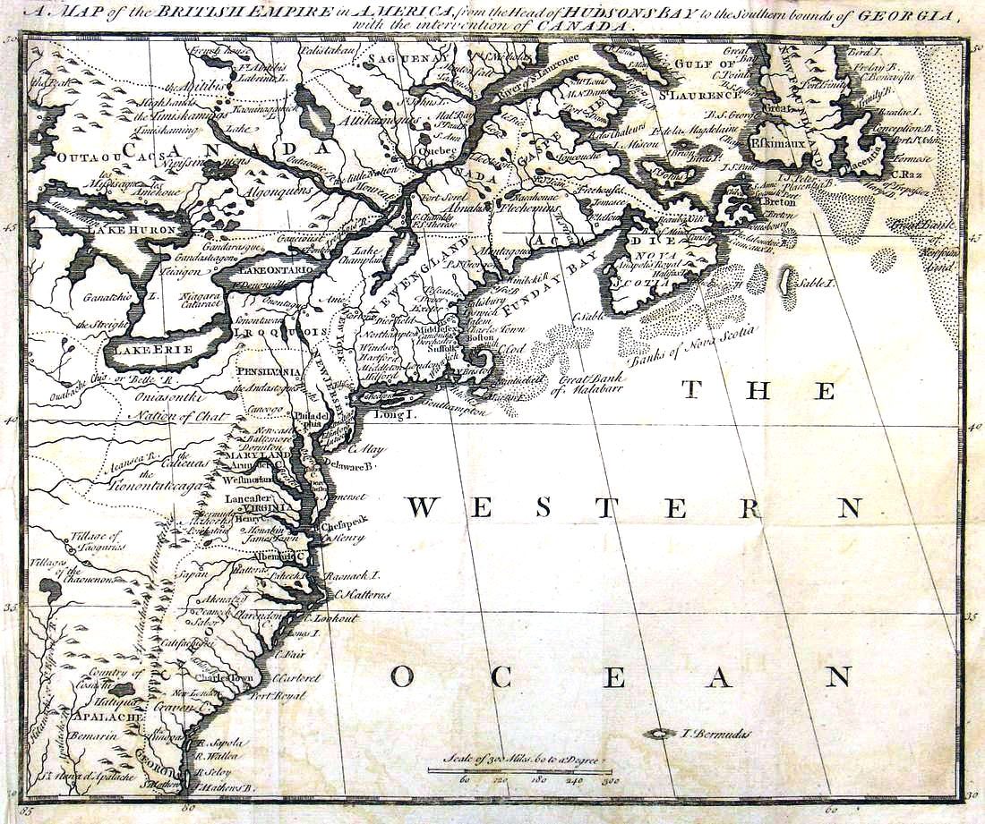 Map produced in c. 1755 of North East America showing the St Lawrence River