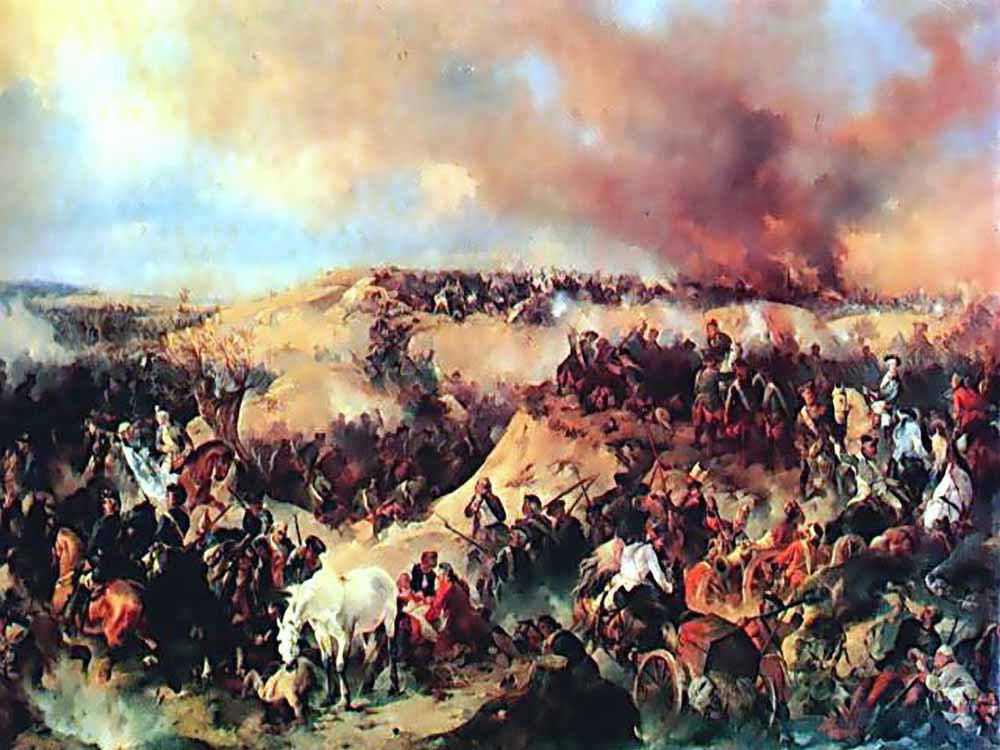 The fighting in the Kuh-Ground at the Battle of Kunersdorf on 12th August 1759 in the Seven Years War: picture by Kotzbue
