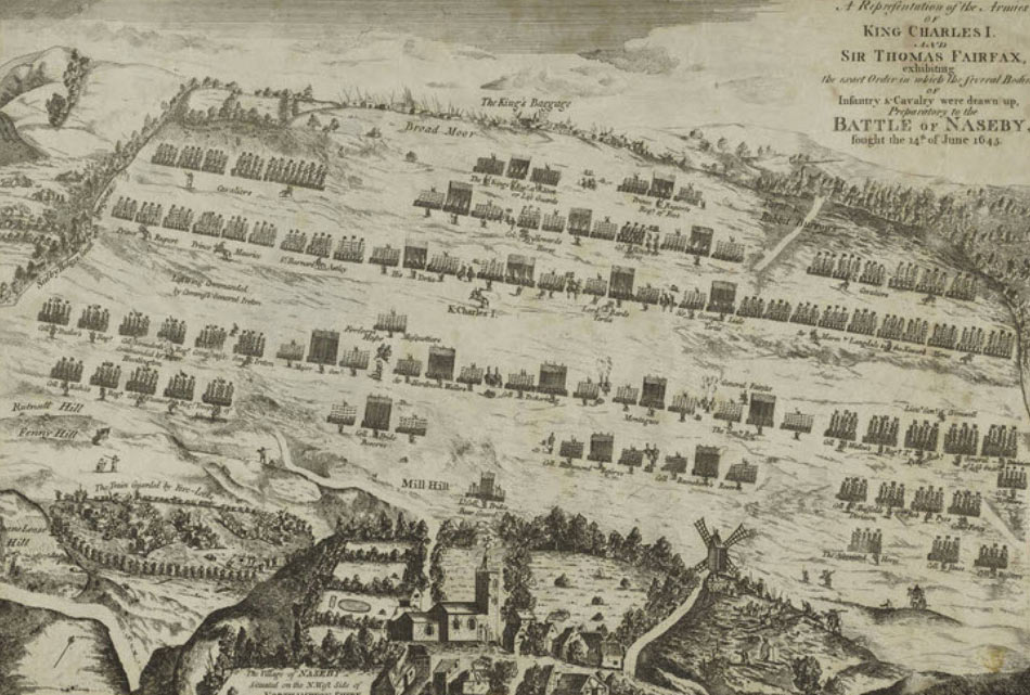 Mapa Bitvy u Naseby 14. června 1645 během anglické Občanské Války