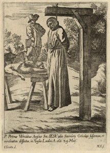 The hanging, drawing and quartering of the Blessed Peter Wright in 1651 at Tyburn: Siege of Basing House 1642 to 1645 during the English Civil War