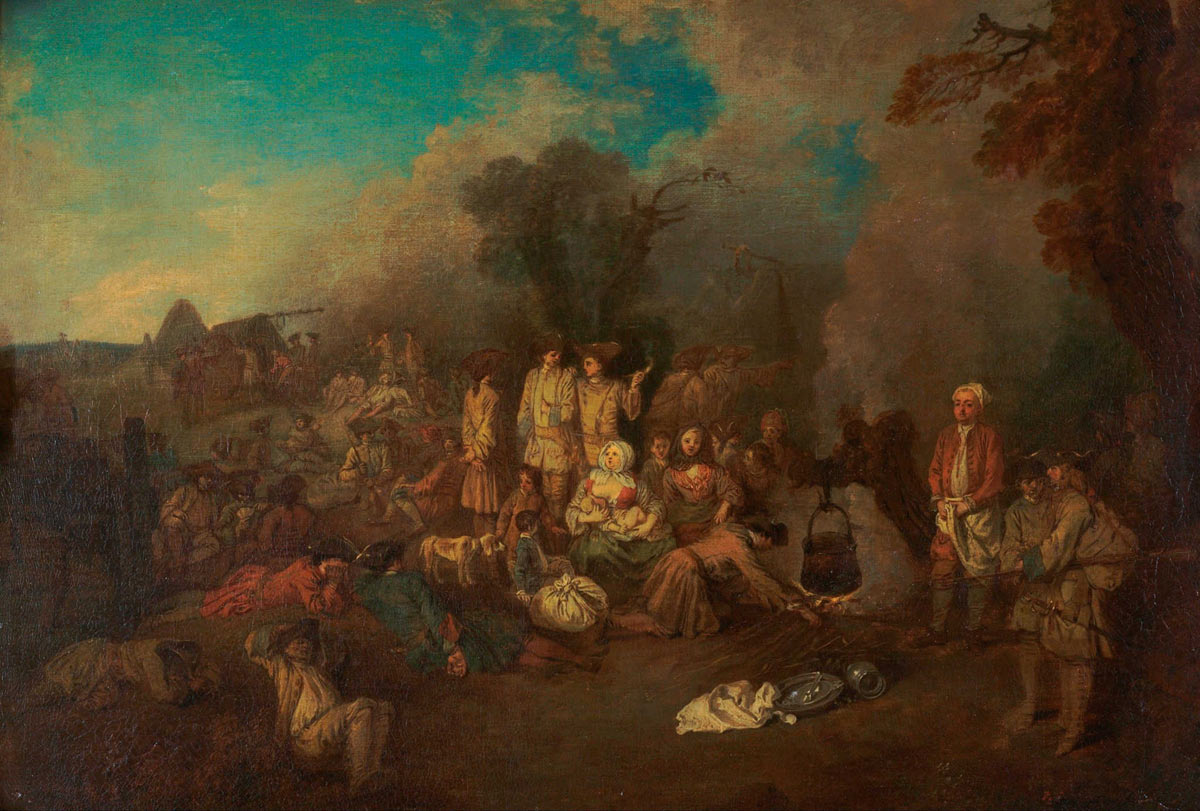 French Infantry bivouacking: Battle of Malplaquet 11th September 1709 War of the Spanish Succession: picture by Jean Anthoine Watteau: click here to buy this picture