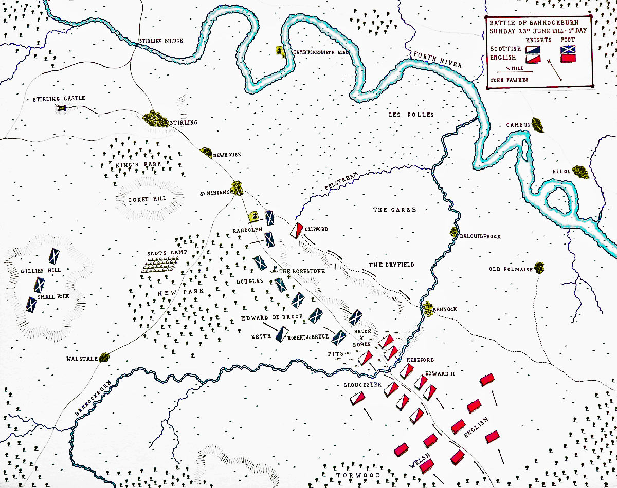Map of the Battle of Bannockburn First Day: 23rd June 1314: map by John Fawkes