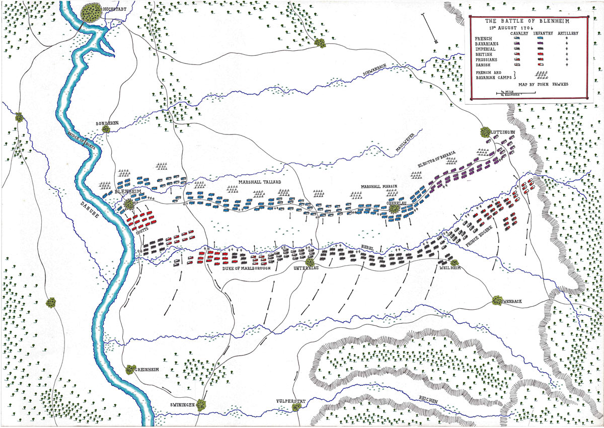 Map of the Battle of Blenheim 2nd August 1704 in the War of the Spanish Succession: map by John Fawkes