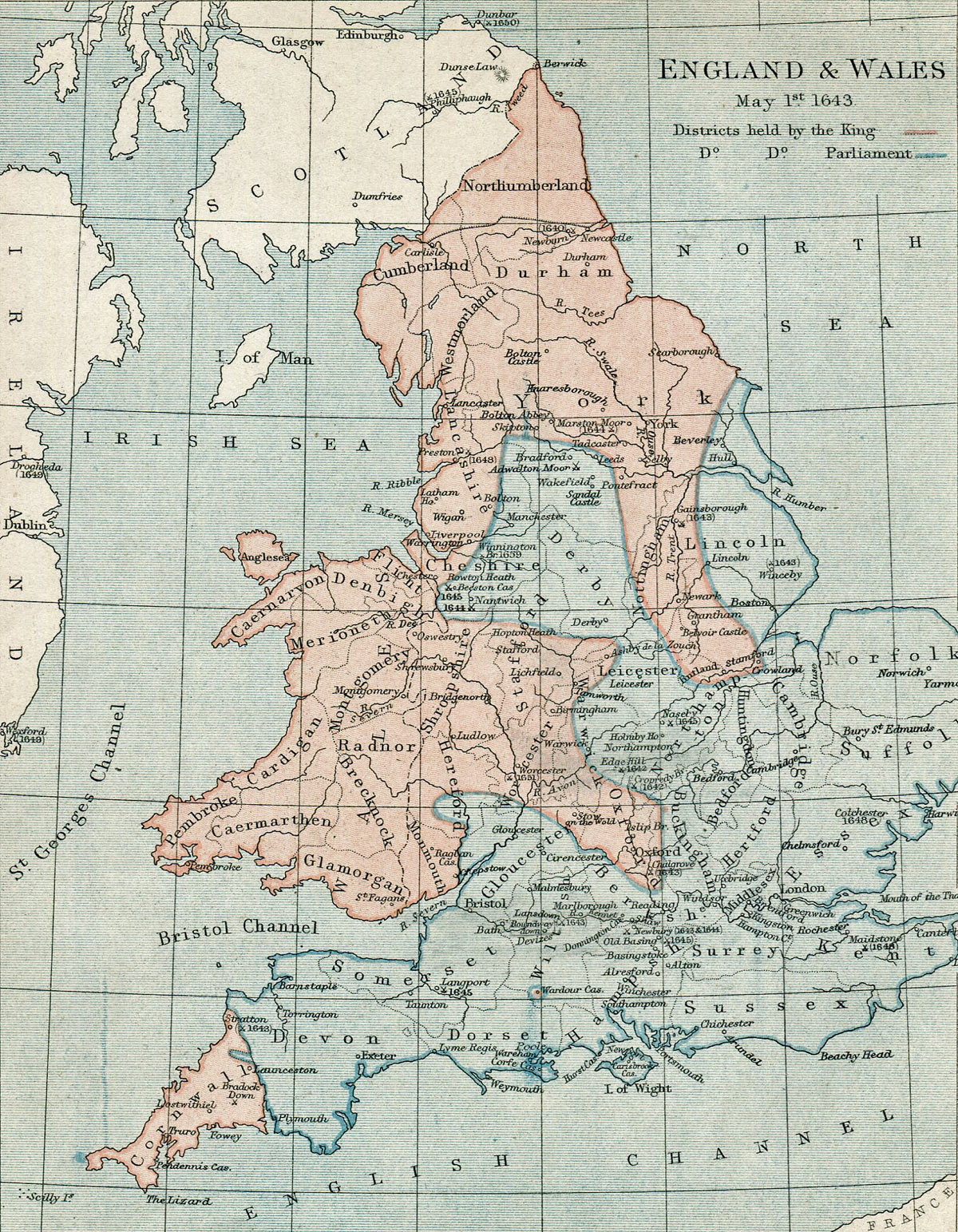 Map of England showing areas occupied by Parliament and the Royalists