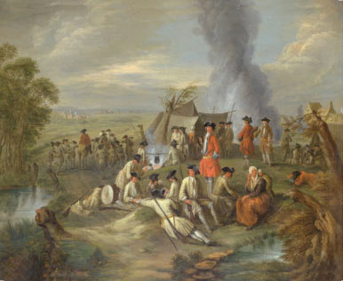 French Infantry bivouacking: Battle of Oudenarde 30th June 1708 in the War of the Spanish Succession: picture by Jean Anthoine Watteau: click here to buy this picture