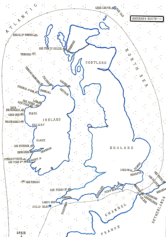 The route of the Spanish Armada in 1588, up the Channel into the North Sea, North About into the Atlantic and down the west coast of Ireland. The map shows the known wrecks of Armada ships. Of the 120 ships in the Armada half were lost many just disappearing. The map shows the sites of the engagements between the Armada and the English Fleet at Eddystone, Portland, Isle of Wight, Calais and Gravelines. Of the Armada's complement of 30,000 soldiers and sailors 20,000 were lost: map by John Fawkes
