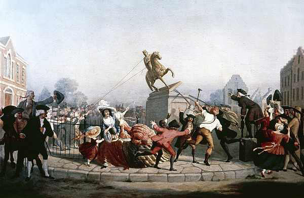 Americans pulling down the statue of King George III on Bowling Green in New York City in 1776: American Revolutionary War