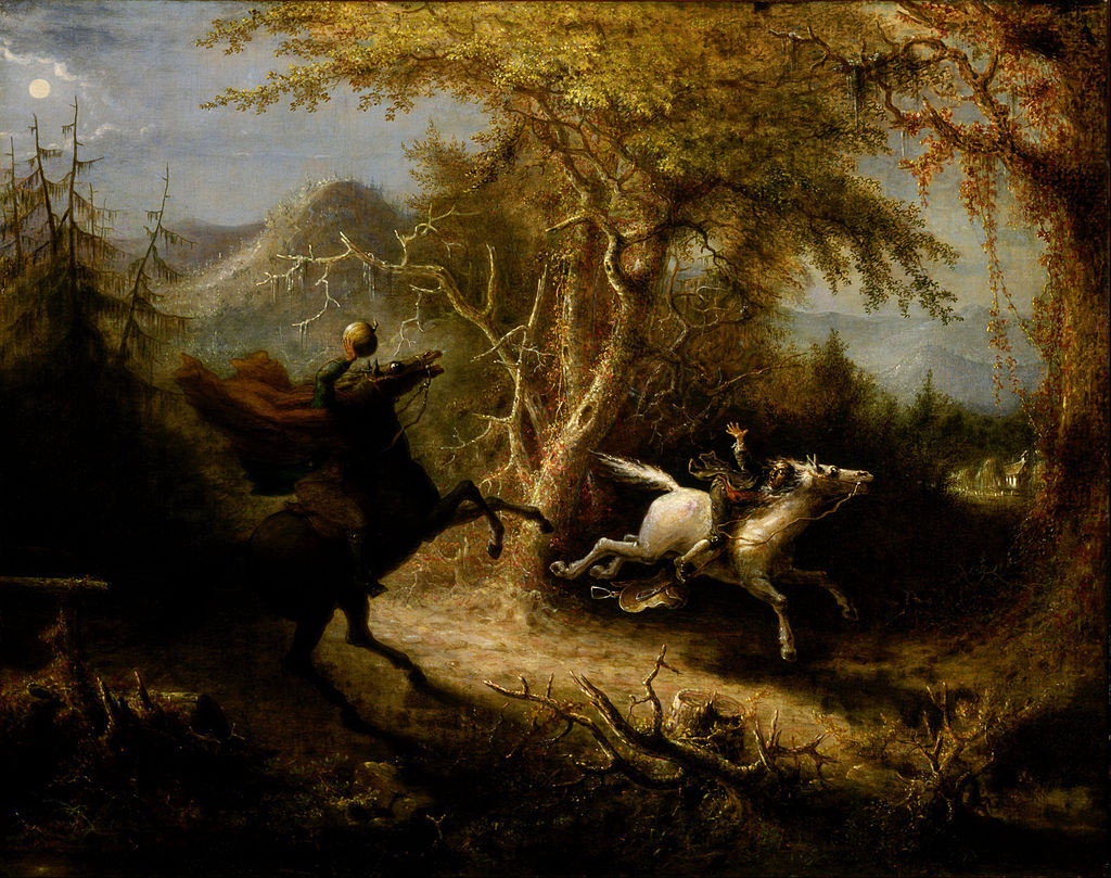 The Headless Horseman pursuing Ichabod Crane: Battle of White Plains on 28th October 1776 in the American Revolutionary War: picture by John Quidor