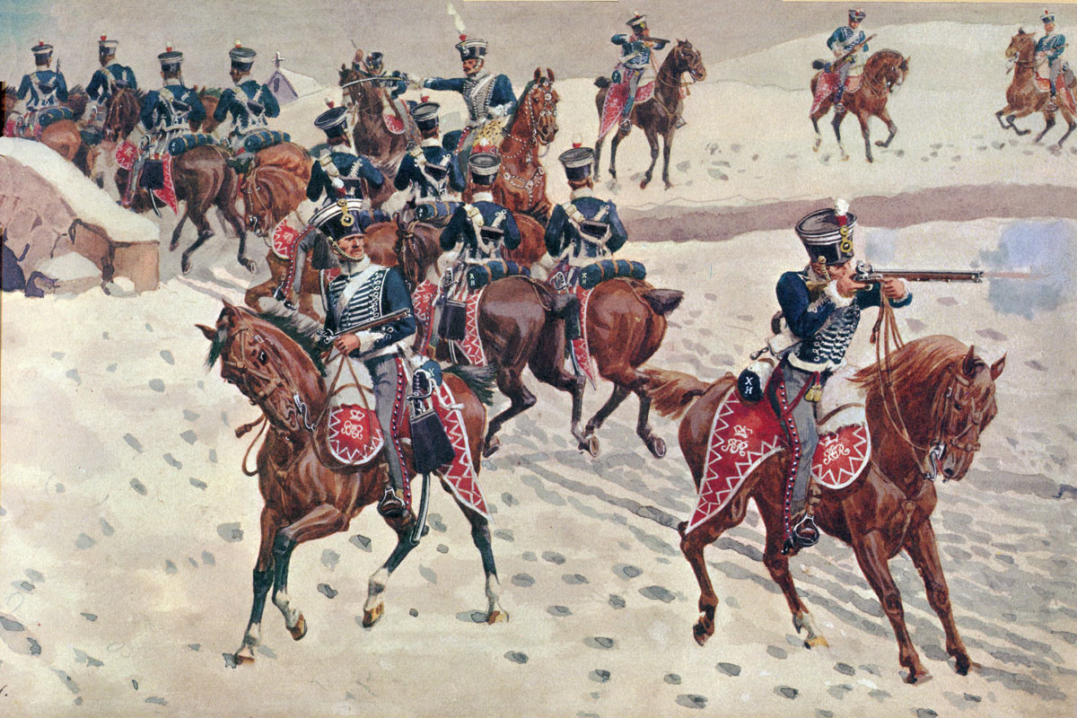 10th Prince of Wales's Light Dragoons at Benavente: Battle of Corunna on 16th January 1809 in the Peninsular War: piccture by Richard Simkin