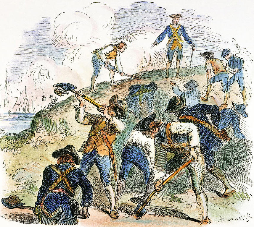 American troops building the redoubt on Breed's Hill: Battle of Bunker Hill on 17th June 1775 in the American Revolutionary War