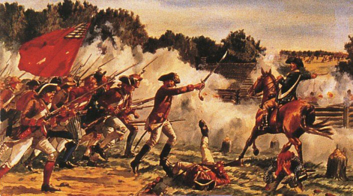 Benedict Arnold leading the American attack at the Battle of Saratoga on 7th October 1777 in the American Revolutionary War
