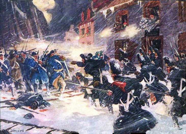 combates de Rua entre os ingleses e os franceses, Canadenses e Americanos atacantes: Batalha de Quebec, no dia 31 de dezembro de 1775 na Guerra Revolucionária Americana