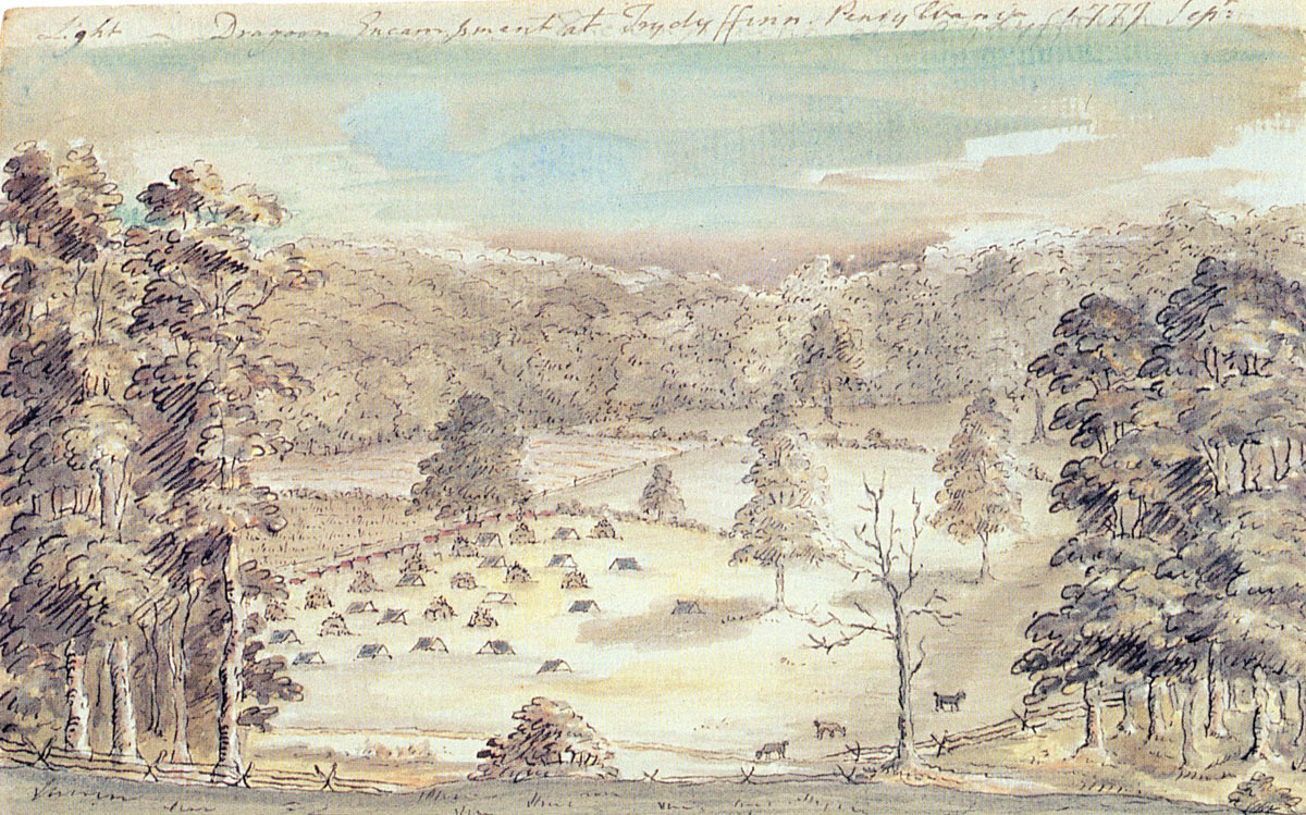 Camp of the 16th Light Dragoons the night after the Battle of Brandywine Creek on 11th September 1777 in the American Revolutionary War: picture by Lord Cantelupe who was present at the battle as an officer of the Coldstream Guards