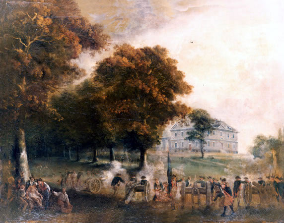 American guns fire on the Chew House at the Battle of Germantown on 4th October 1777 in the American Revolutionary War