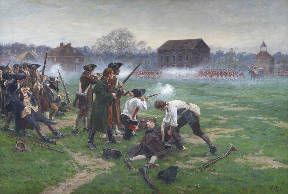 Battle on Lexington Green: Battle of Concord and Lexington 19th April 1775 American Revolutionary War: picture by William Barnes Wollen