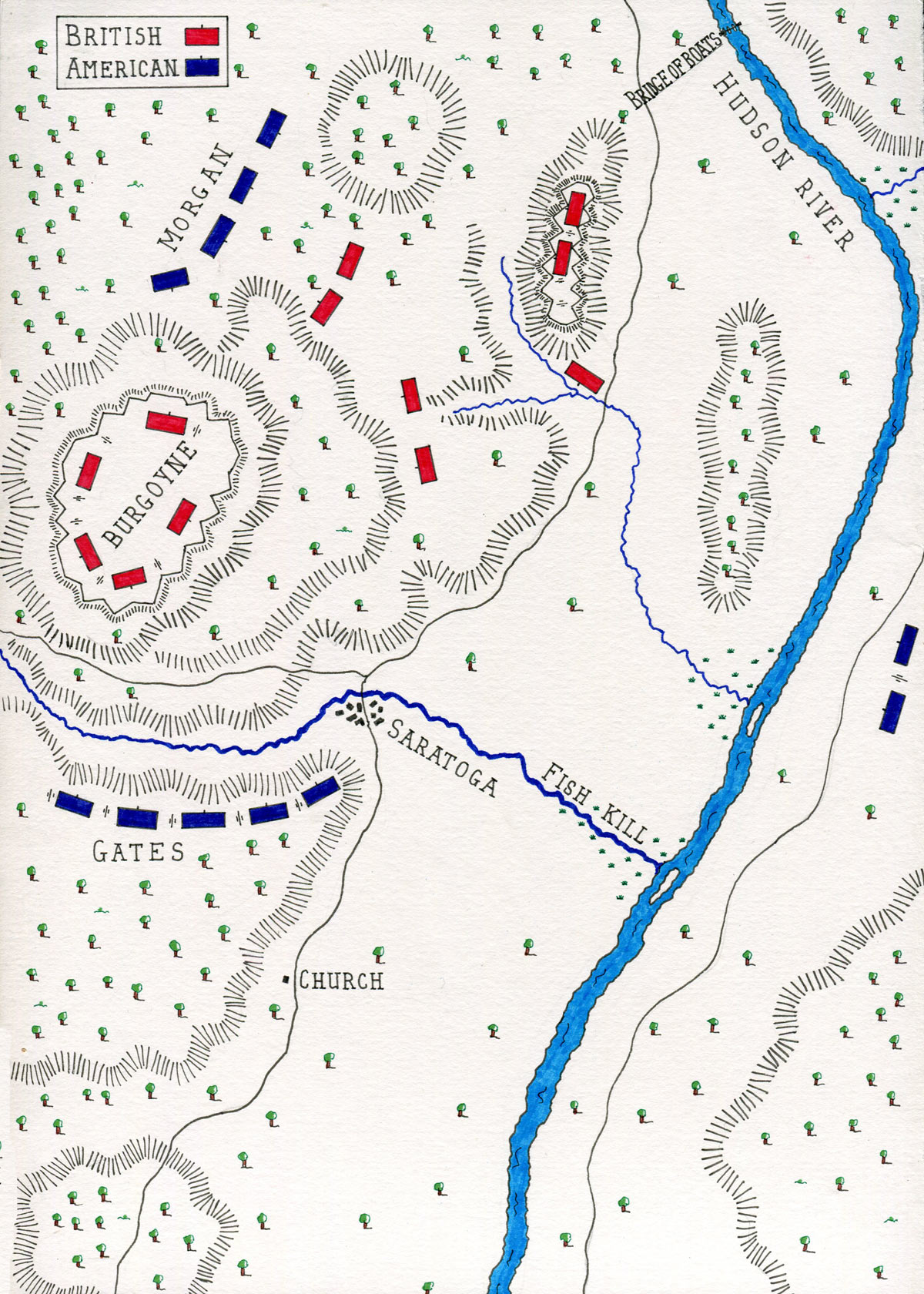 Map of the the Battle of Saratoga in the American Revolutionary War on 17th October 1777 at the time of Burgoyne's surrender: map by John Fawkes