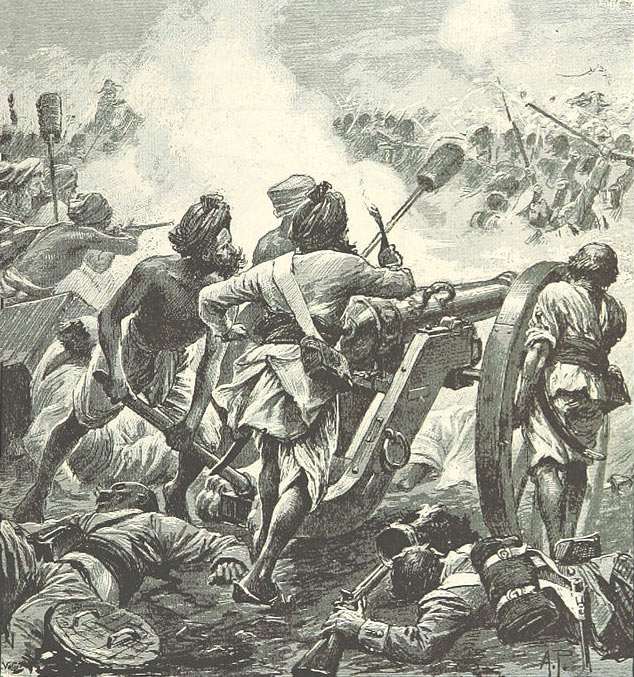 Mahratta gunners firing into the rear of the British/Madrassi line at the Battle of Assaye on 23rd September 1803 in the Second Mahratta War in India: picture by Alfred Pearse