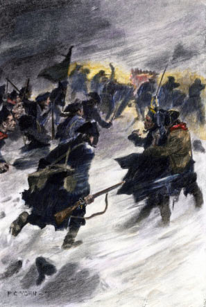 L'attaque de Benedict Arnold à la bataille de Québec le 31 décembre 1775 lors de la Guerre d'Indépendance américaine: photo de Frederick Coffay Yohn: cliquez ici pour acheter cette photo's attack at the Battle of Quebec on 31st December 1775 in the American Revolutionary War: picture by Frederick Coffay Yohn: click here to buy this picture