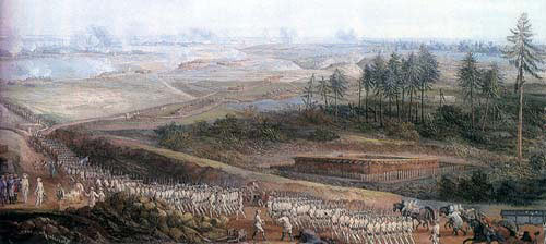 French troops advancing to attack the British lines at the Battle of Yorktown 19th October 1781 in the American Revolutionary War