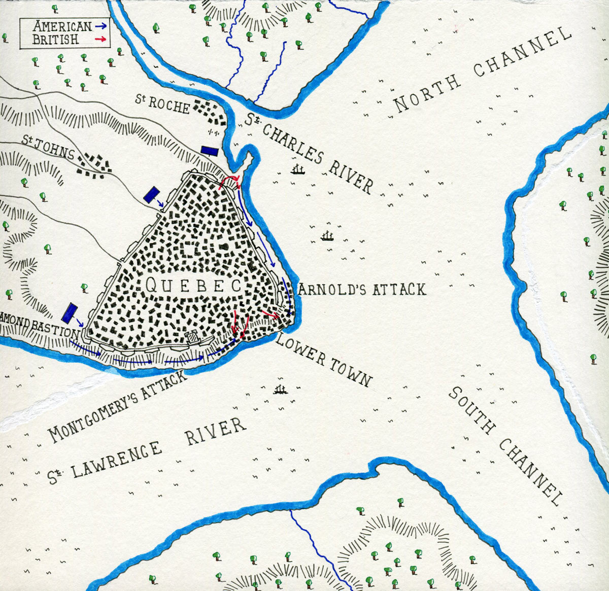 Carte de la Bataille de Québec le 31 décembre 1775 pendant la Guerre d'Indépendance américaine : carte de John Fawkes