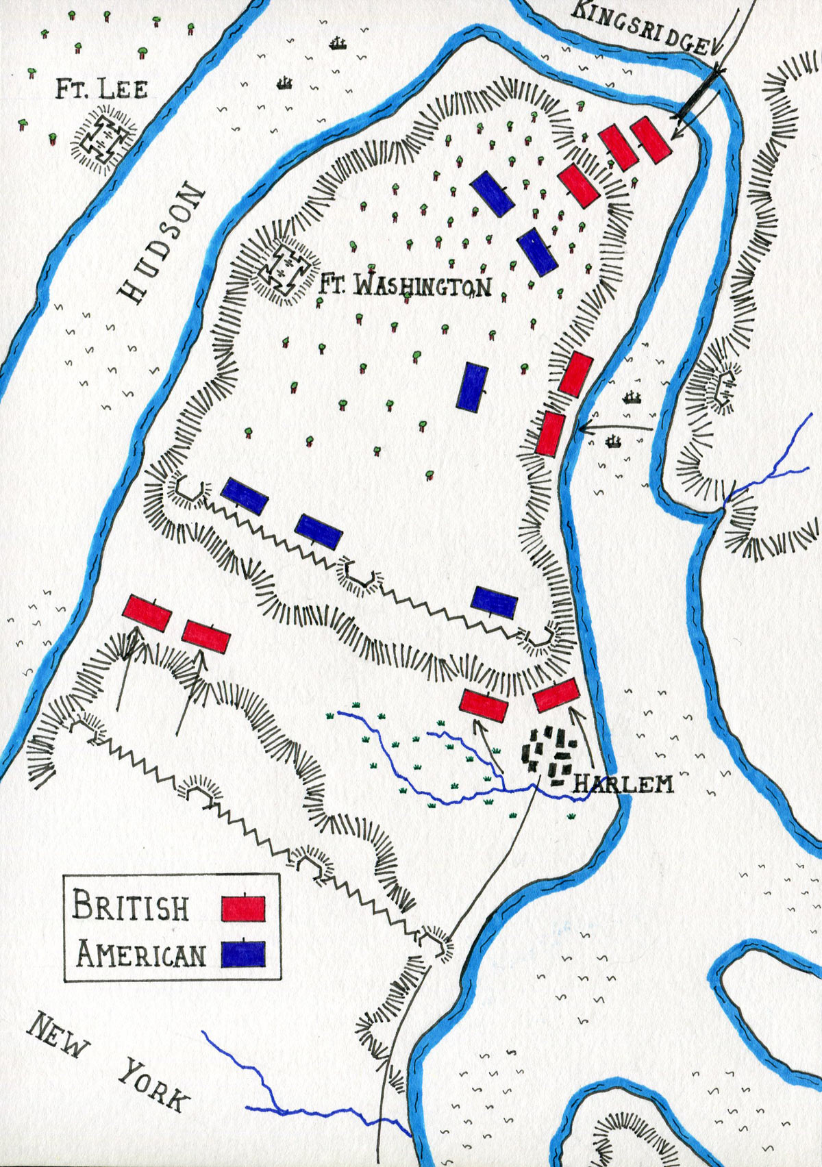 Map of the Battle of Fort Washington on 17th November 1776 in the American Revolutionary War: map by John Fawkes