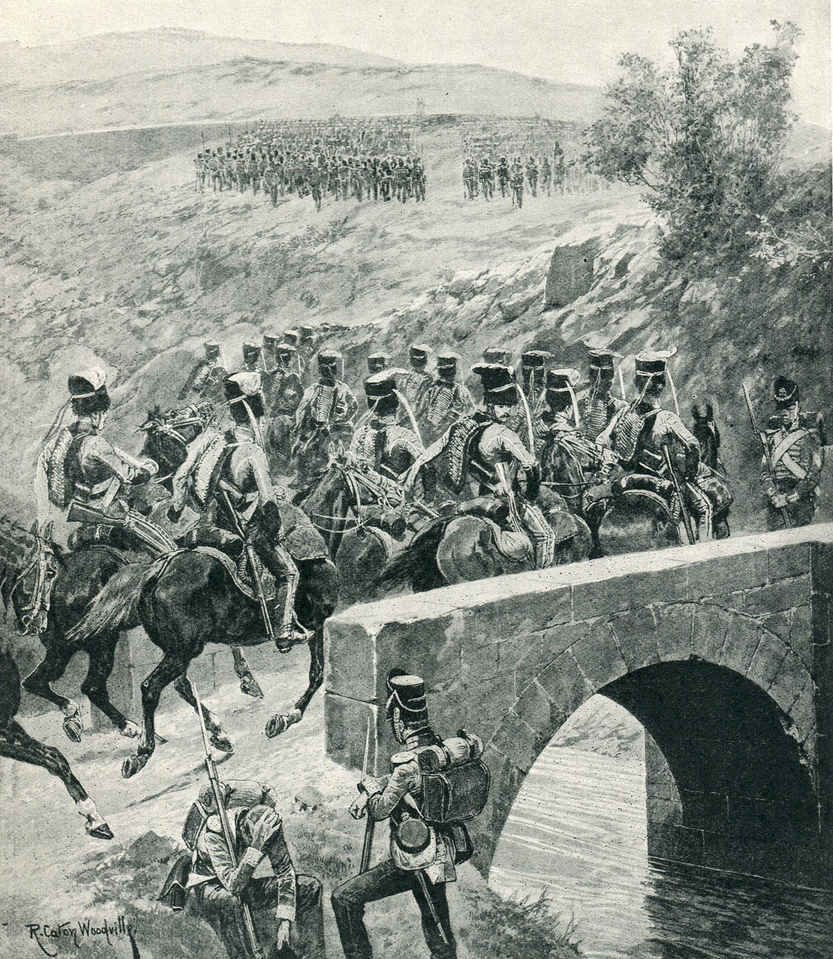 15th King's Light Dragoons (15th Hussars) crossing the bridge at Tres Puentes in the Battle of Vitoria on 21st June 1813 during the Peninsular War: picture by William Barnes Wollen