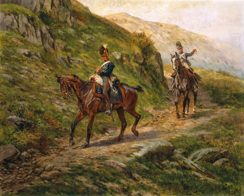 16th Light Dragoons: Battle of the Crossing of the Douro on 16th May 1809 in the Peninsular War: picture by Richard Barnes Wollen