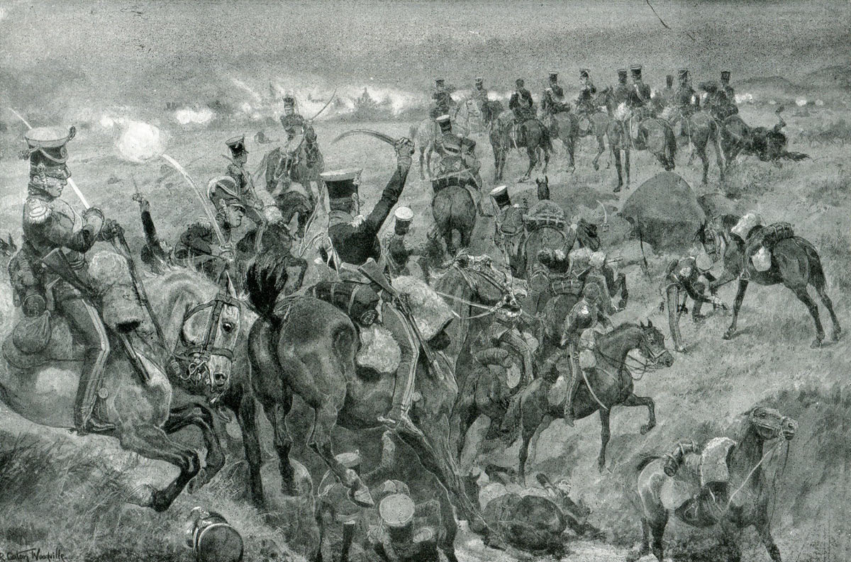 23rd Light Dragoons attacking the French infantry squares at the Battle of Talavera on 28th July 1809 in the Peninsular War: picture by Richard Caton Woodville: buy this picture