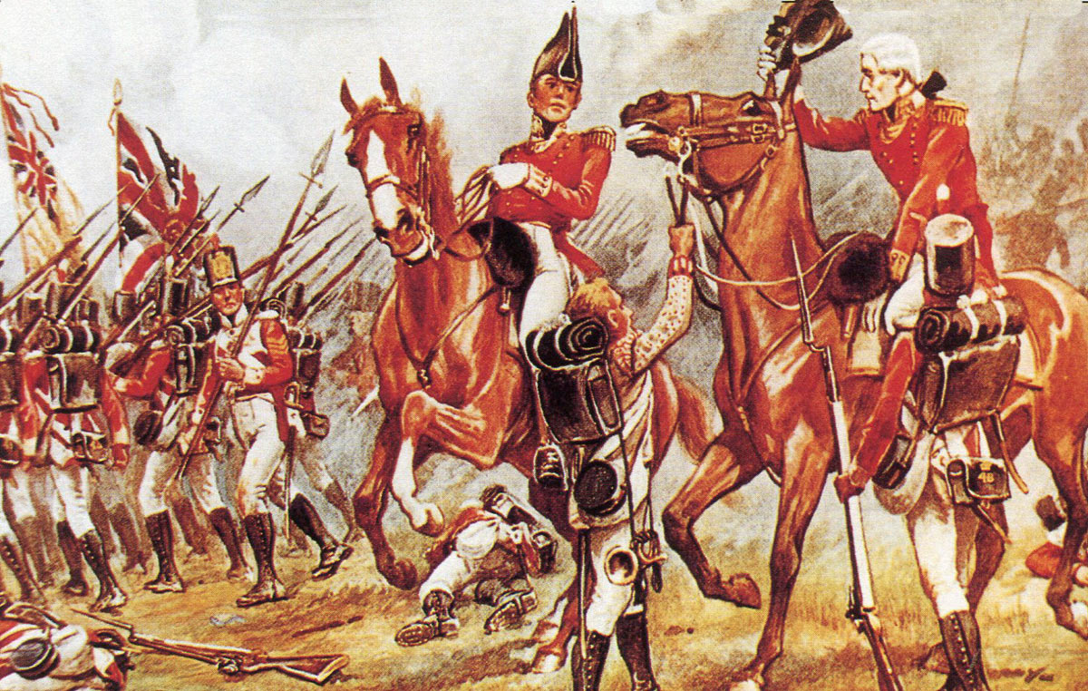 The wounded Colonel Donellan gives command of the 48th Regiment to Major Middlemore at the Battle of Talavera on 28th July 1809 in the Peninsular War