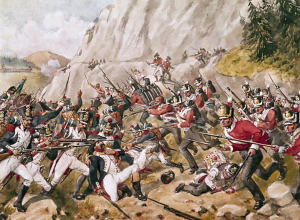 43rd and 52nd Light Infantry attack Loisin's Division at the Battle of Busaco on 27th September 1810 in the Peninsular: picture by Richard Simkin: buy this picture