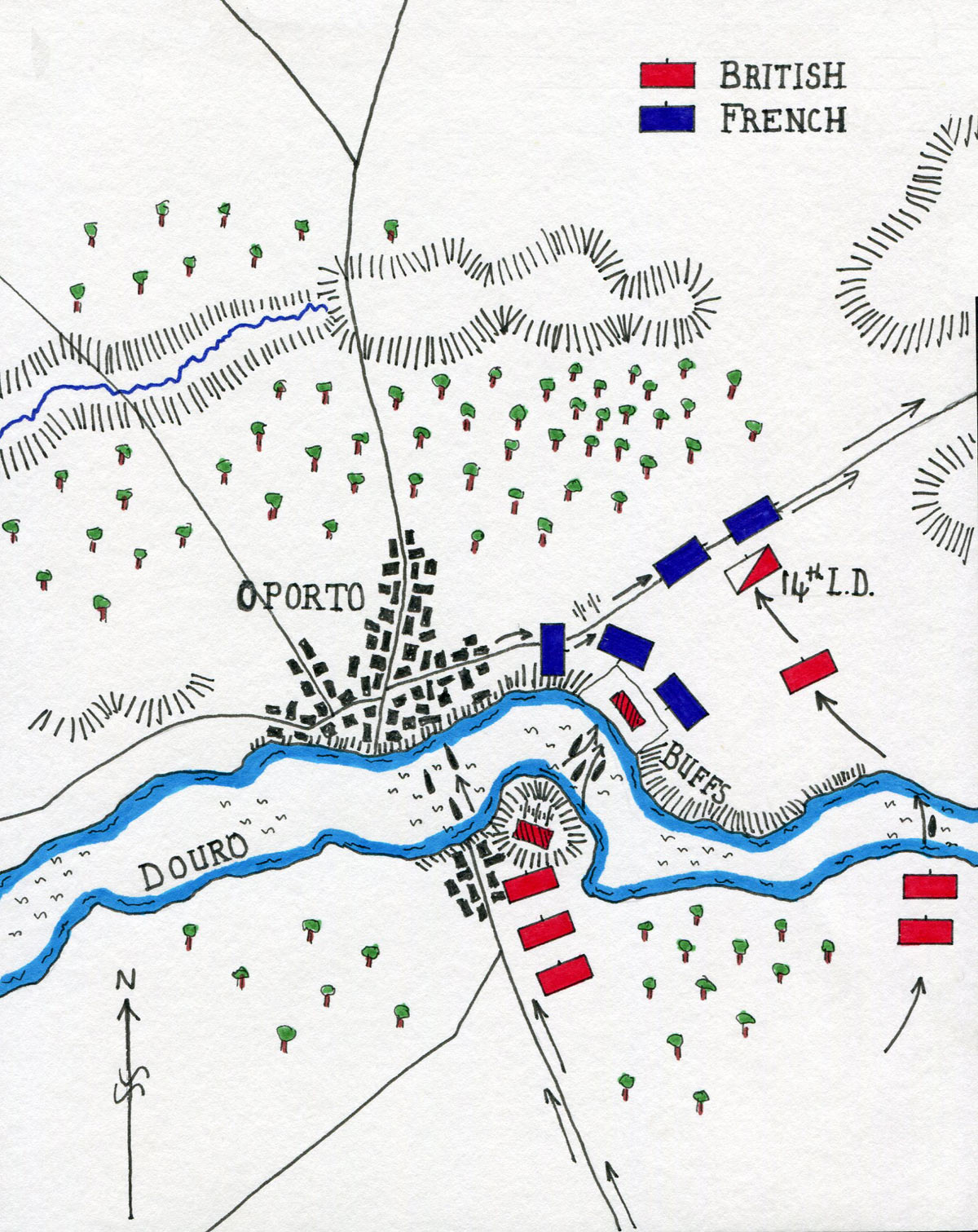 Map of the Battle of the Crossing of the Douro on 16th May 1809 in the Peninsular War: map by John Fawkes