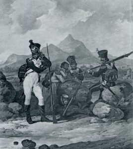 French infantrymen: Battle of Barossa on 5th March 1811 in the Peninsular War: picture by Denis Dighton