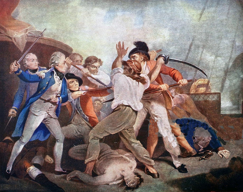 Nelson boarding the San Josef at the Battle of Cape St Vincent on 14th February 1797 in the Napoleonic Wars