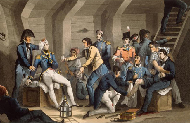 Nelson in Vanguard's cockpit having his wounds dressed during the Battle of the Nile on 1st August 1798 in the Napoleonic Wars: picture by William Heath: buy this picture