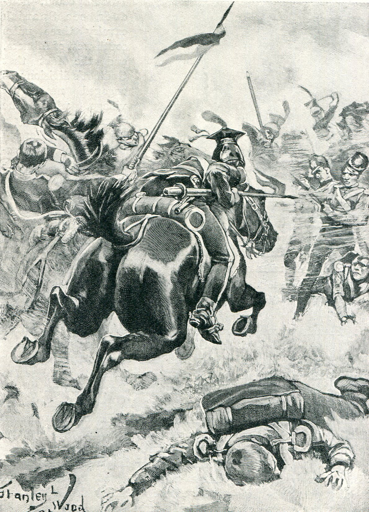 The Polish Lancers charge at the Battle of Albuera on 16th May 1811 in the Peninsular War: picture by Stanley Wood