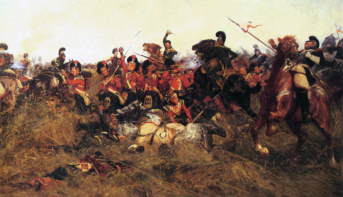 Lieutenant Colonel Sir Robert Macara of the 42nd Black Watch and his men attacked by Polish Lancers at the Battle of Quatre Bras on 16th June 1815 during the Napoleonic Wars: picture by William Barnes Wollen