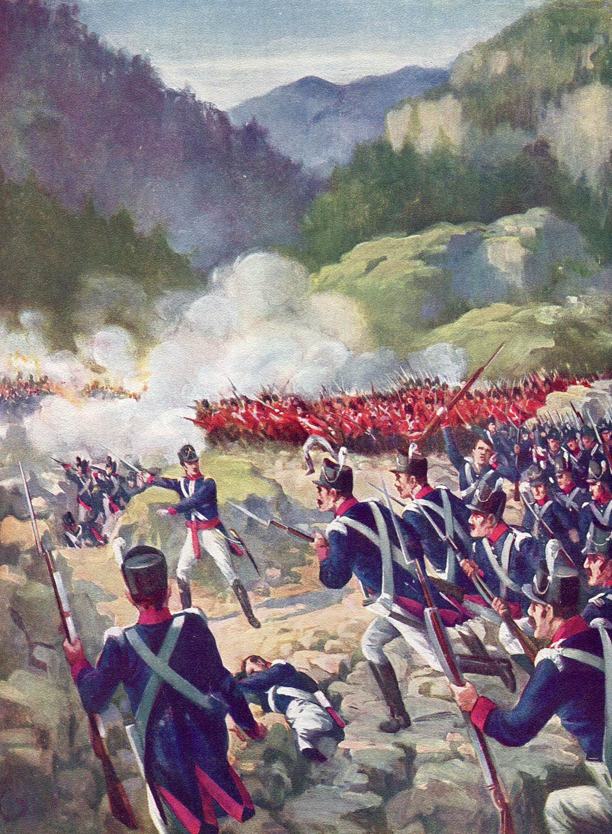 Portuguese and British attack at the Battle of Busaco on 27th September 1810 in the Peninsular: picture by B. Granville Baker: buy this picture