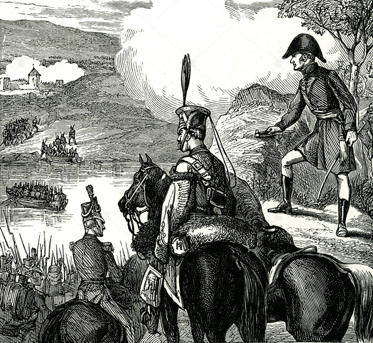 Sir Arthur Wellesley watching the British troops crossing the river at the Battle of the Crossing of the Douro on 16th May 1809 in the Peninsular War: buy this picture
