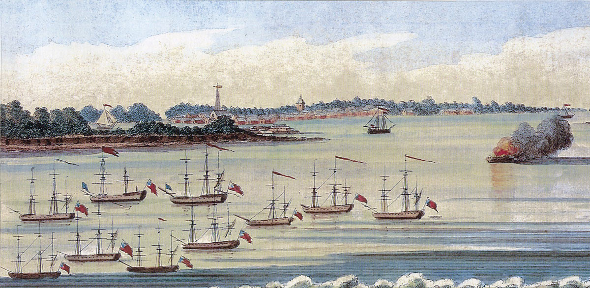 British Squadron in 'Five Fathom Hole' the morning after the Battle of Sullivan's Island on 28th June 1776 during the American Revolutionary War: picture by a British officer present at the battle: Actaeon is on fire: HMS Bristol can be seen with a mast missing. Charleston is in the distance