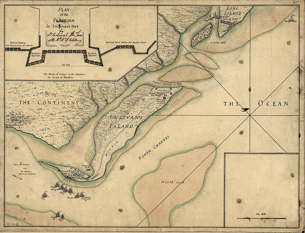 Plan of the attack on Fort Sullivan 28th June 1776 during the American Revolutionary War: plan by Lieutenant Colonel Thomas James Royal Artillery