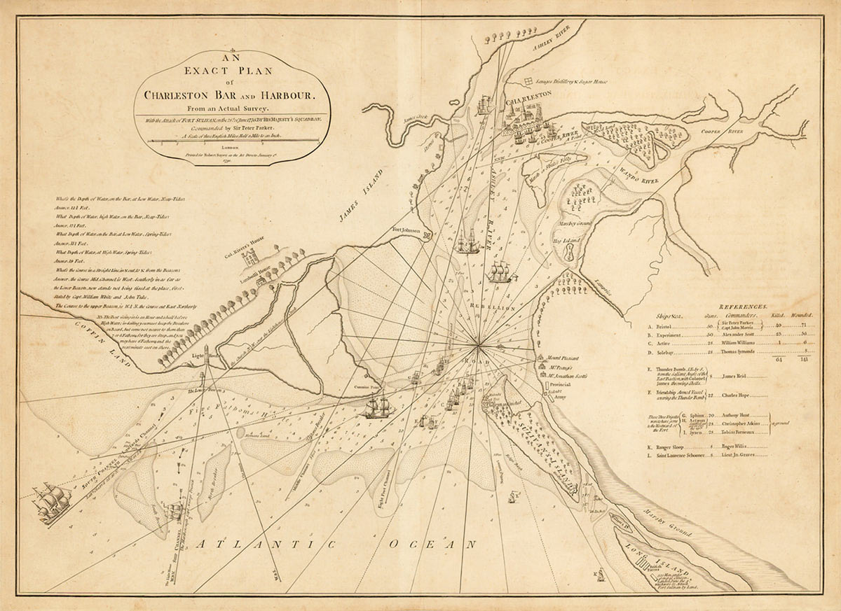 Map of Charleston Harbour and Estuary: Battle of Sullivan's Island on 28th June 1776 during the American Revolutionary War