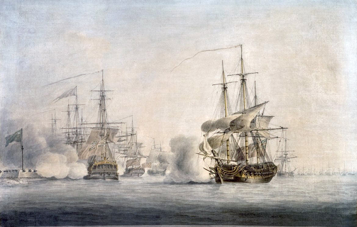 The attack on Fort Sullivan: Battle of Sullivan's Island on 28th June 1776 during the American Revolutionary War: picture by Nicholas Pocock