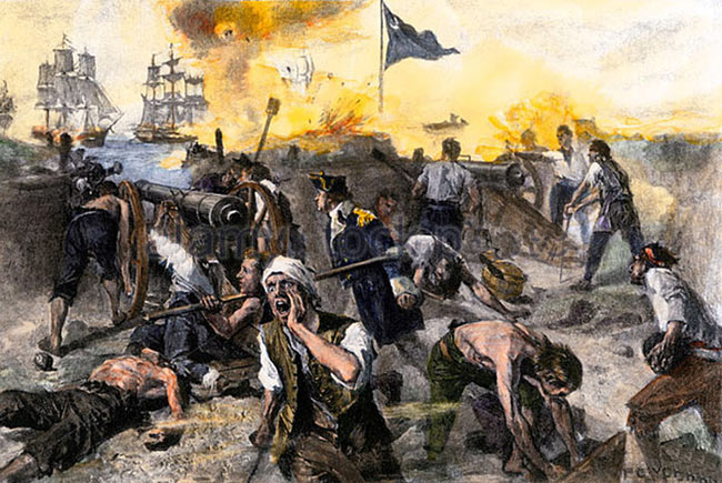 American defence of Fort Sullivan: Battle of Sullivan's Island on 28th June 1776 during the American Revolutionary War