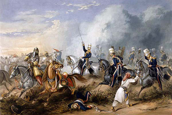 Captain Unett leading the 'Greys' Squadron of the 3rd King's Own Light Dragoons at the Battle of Chillianwallah on 13th January 1849 during the Second Sikh War
