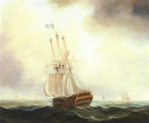 British Royal Navy 50 gun ship at sea: Battle of Sullivan's Island on 28th June 1776 during the American Revolutionary War